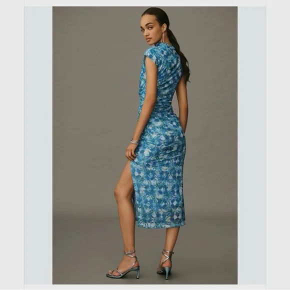 Anthropologie The Maya Ruched Cowl-Neck Dress Mesh Edition Blue Floral Dress - Picture 5 of 16